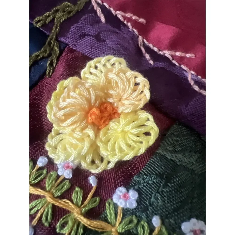 Antique Victorian Style Crazy Quilt Block 16” Silk Velvet Hand Embroidery Beaded